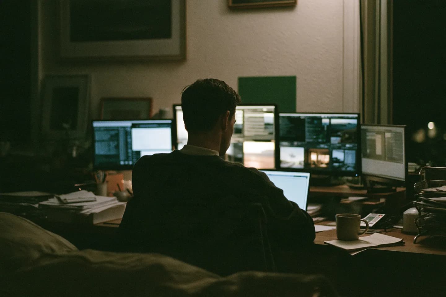 A person seen from behind in a dark room late at night, looking at several quiet monitoring screens, with a cold cup of tea and a notepad on the desk.
