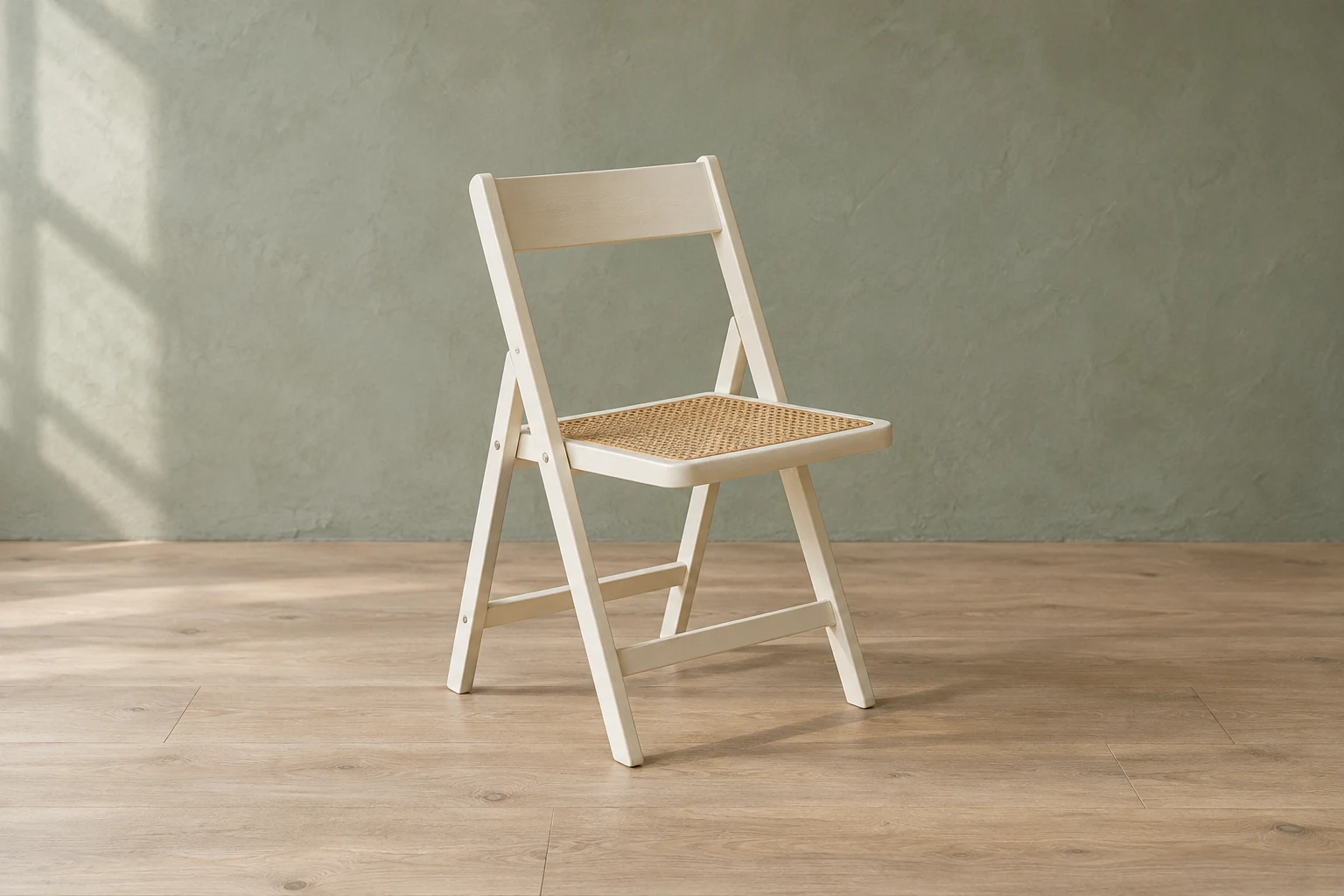 Original synthetic input showing an ivory folding chair against a sage wall and wooden floor