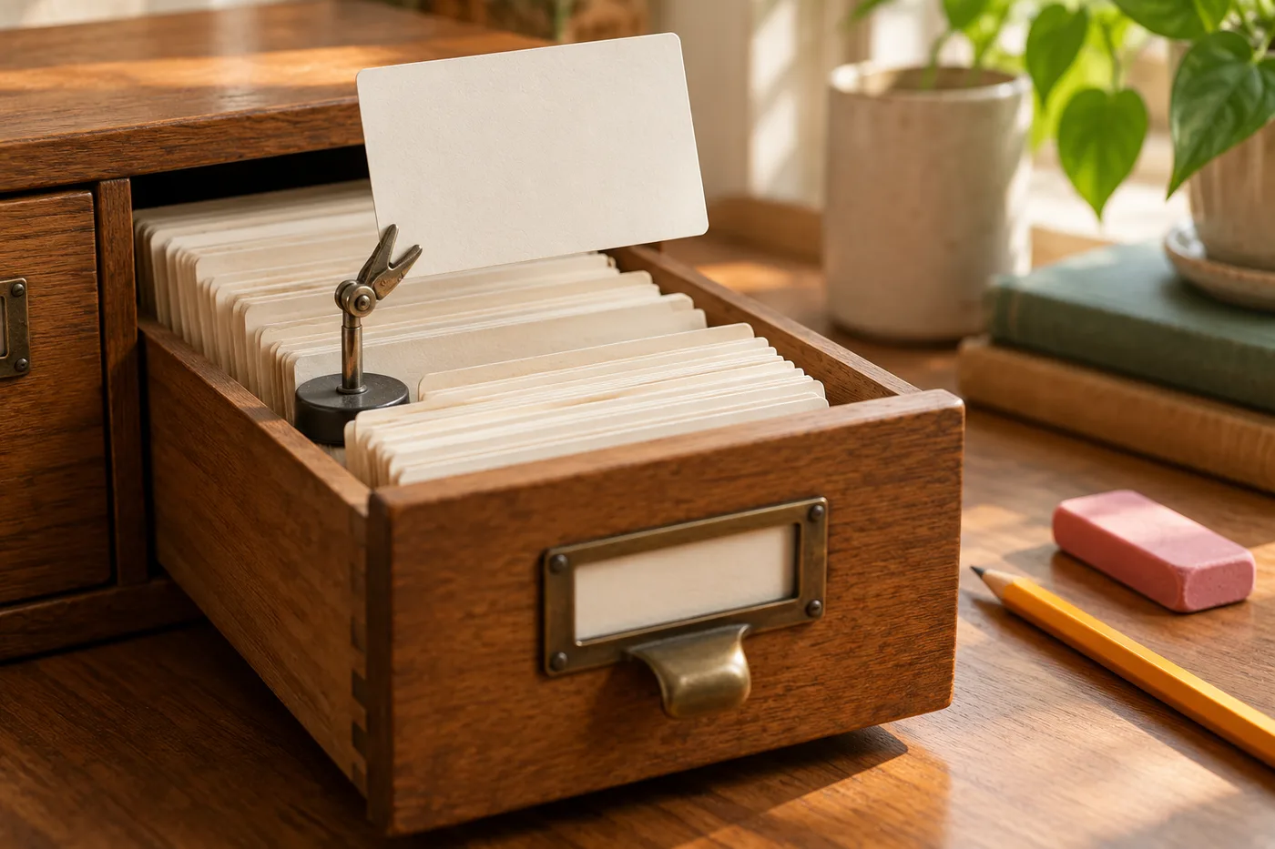 An open wooden card-index drawer with a blank card clipped upright, a pencil and an eraser beside it. An AI-generated illustration