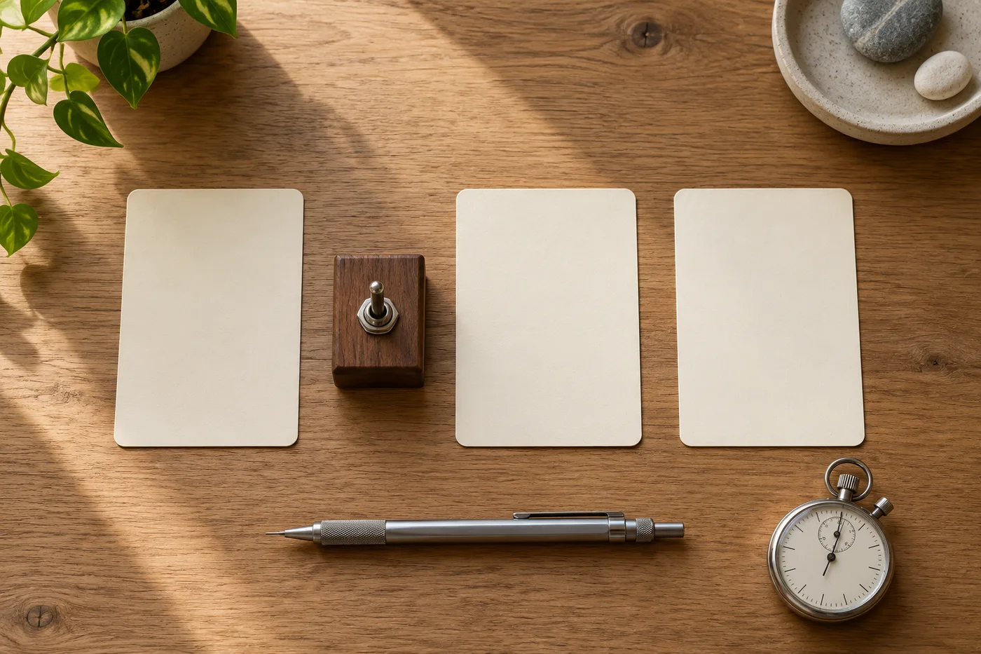 Three identical blank question cards in a row with a small toggle switch between the first and second card. An AI-generated illustration