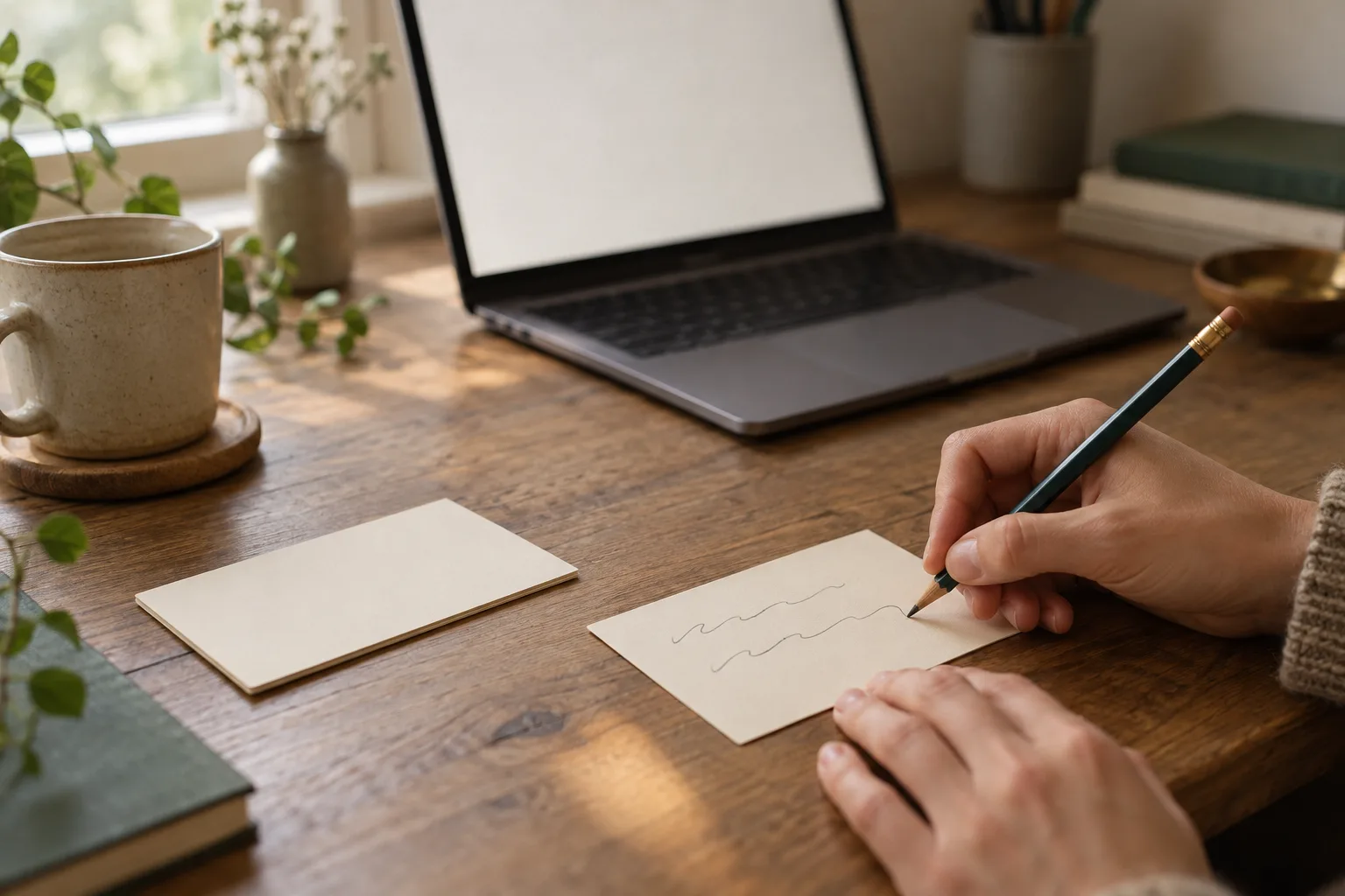 A hand writing wavy pencil lines on a blank index card beside a blurred laptop, a newly generated image