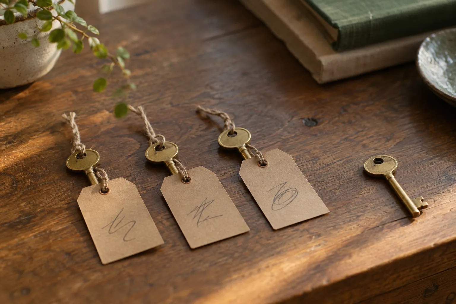 Three identical brass keys with handwritten paper tags beside one untagged key, a newly generated image