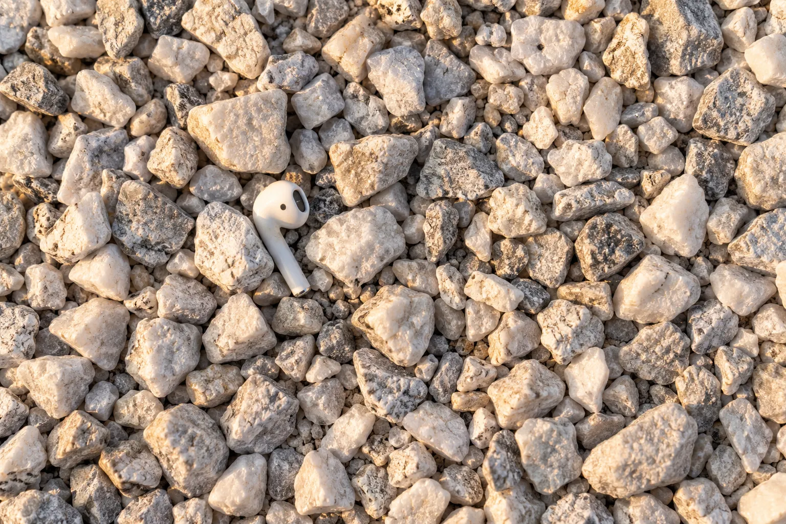 A top-down view of white gravel with one white earbud lying between stones, showing the grain of each stone. An AI-generated illustration