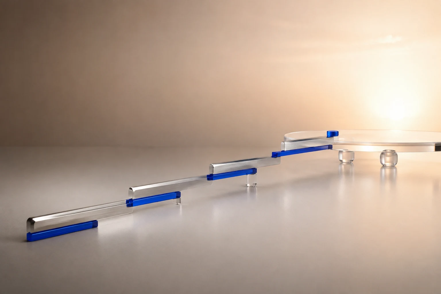Diagonal luminous bars over twilight gradient illustrating next-day handoff flow