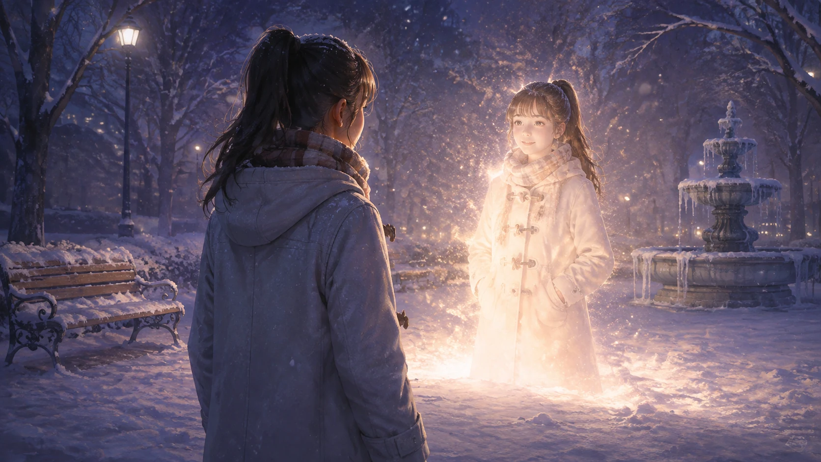 Glowing light in snowy park