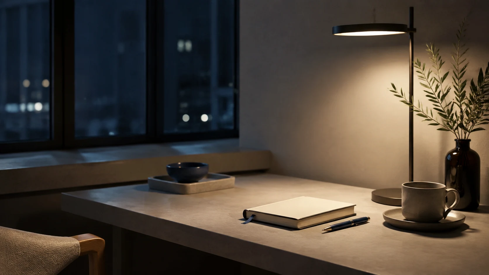 Geometric night workspace with reduced controls and single luminous focus point, no people, no silhouettes, cinematic contrast, ultra-detailed
