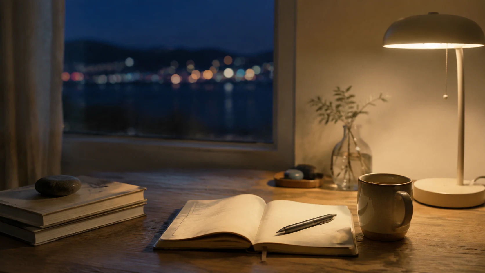 Calm night notebook motif with structured lines and horizon tone