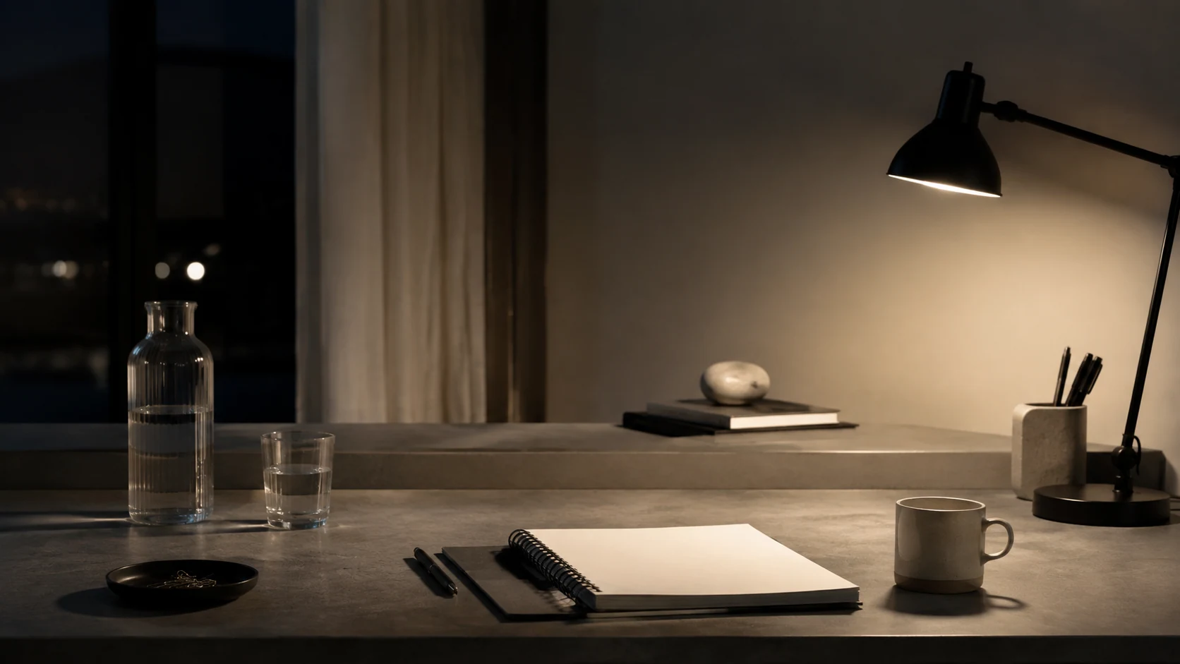 An abstract interface graphic with three closing checkpoints floating above a nighttime workspace, with no people
