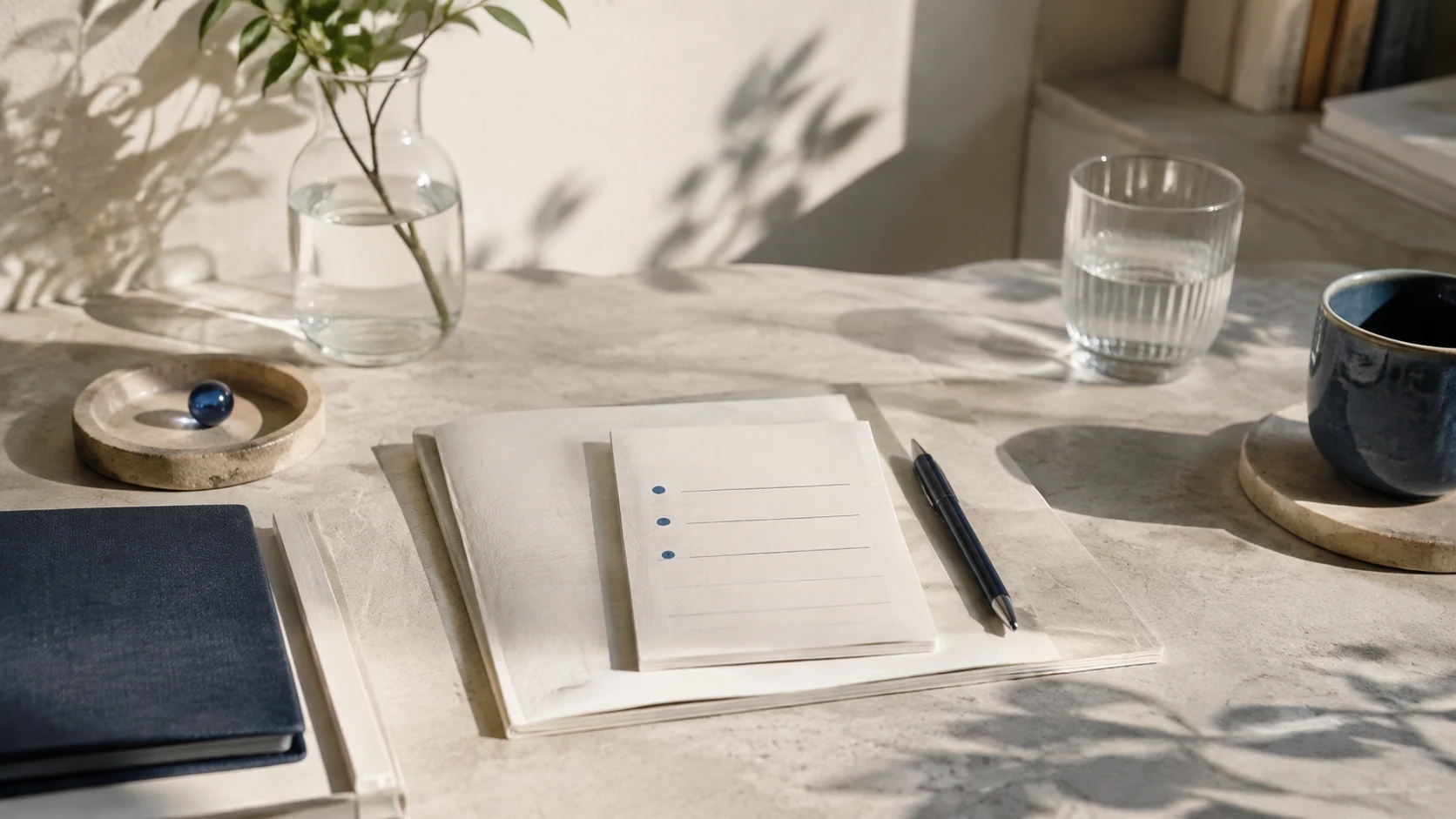 A futuristic abstract graphic of three glowing checkpoints on an organized work table, with no people