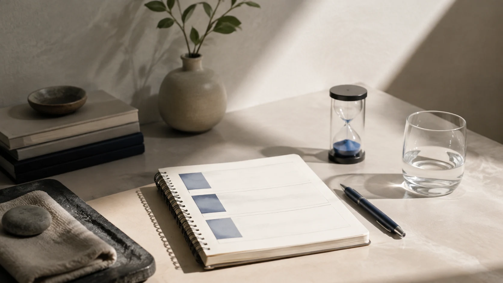 A graphic with a checklist card, timer and abstract interface on a minimal desk, with no people