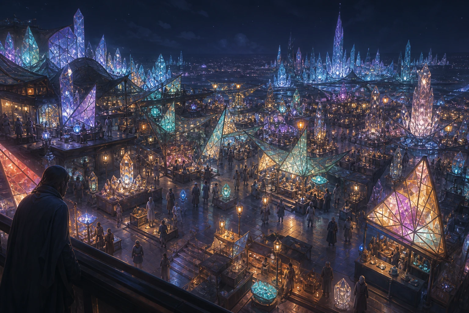 An abstract night-market landscape lined with neon crystal structures