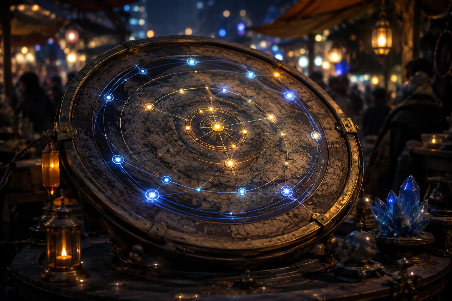An abstract central market sign with overlapping circular orbits and luminous coordinates