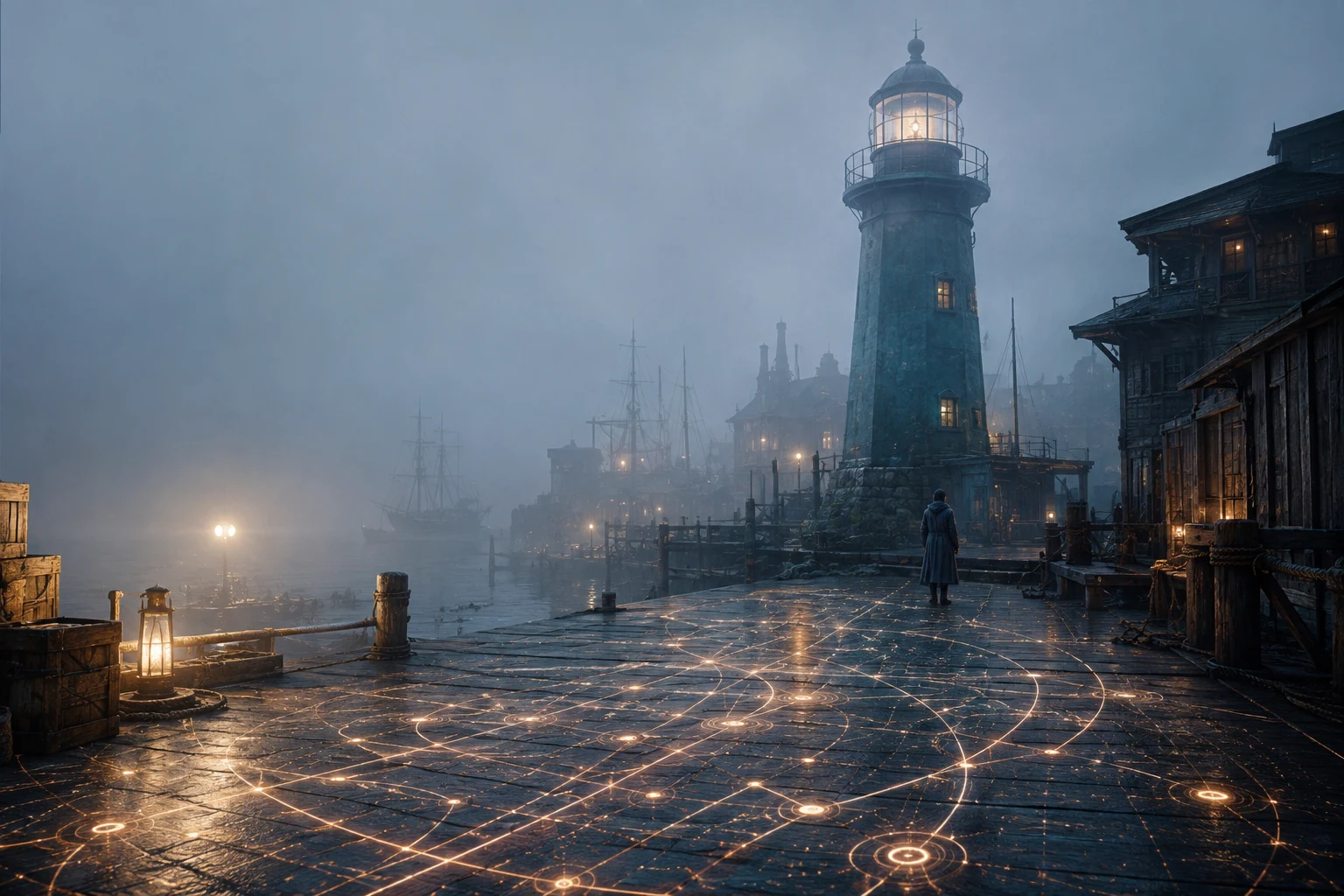 A fog-covered harbor with a teal lighthouse and glowing coordinate lines engraved in the ground
