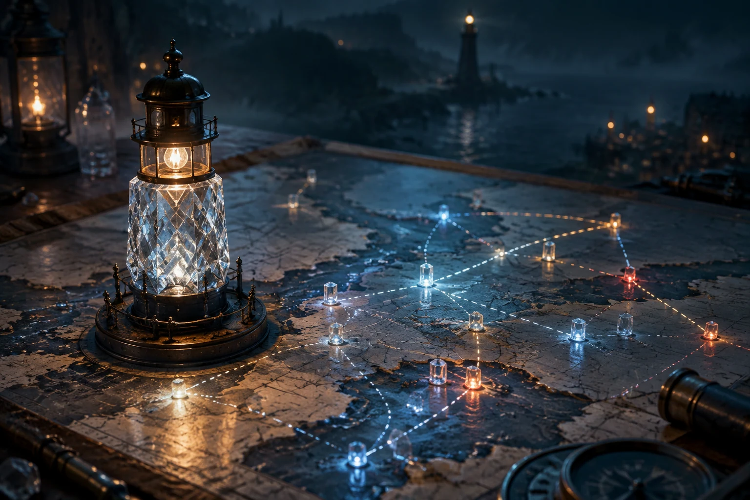 A night-sea chart overlaid with navigation signals and a crystal lighthouse flashing only at short intervals