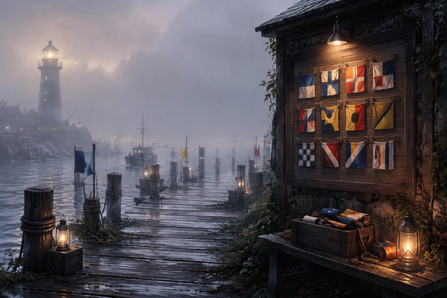 A pier with selectively retained markers in the fog and an organized signal-flag board