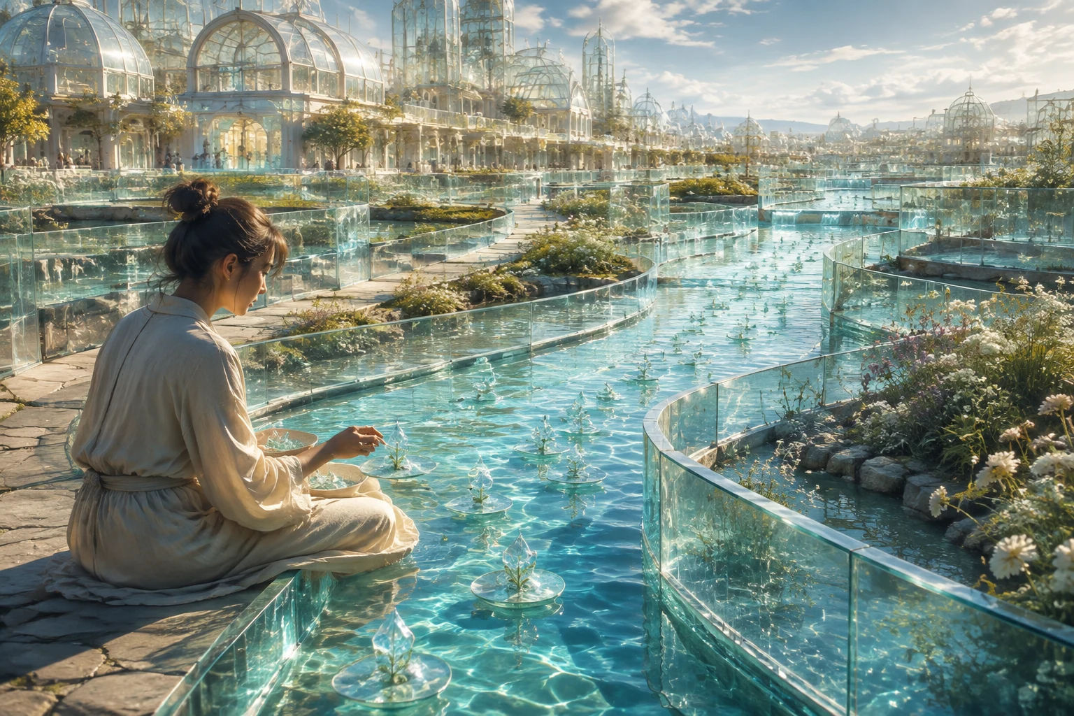 A fantasy garden where soft teal tides flow through glass channels beneath floating markers of small promises