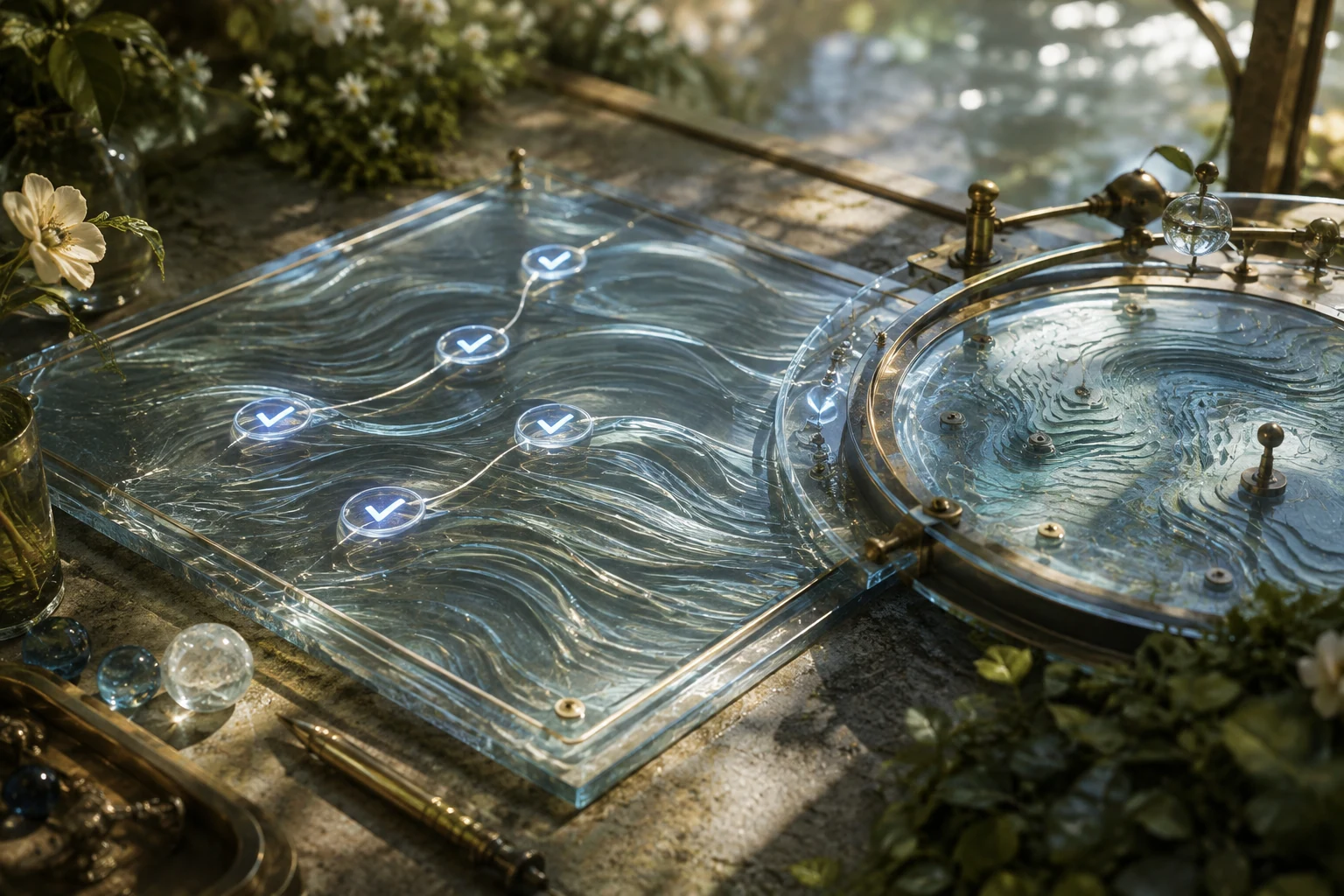 A glass task board with glowing checkpoints over wave patterns and a self-aligning tide map