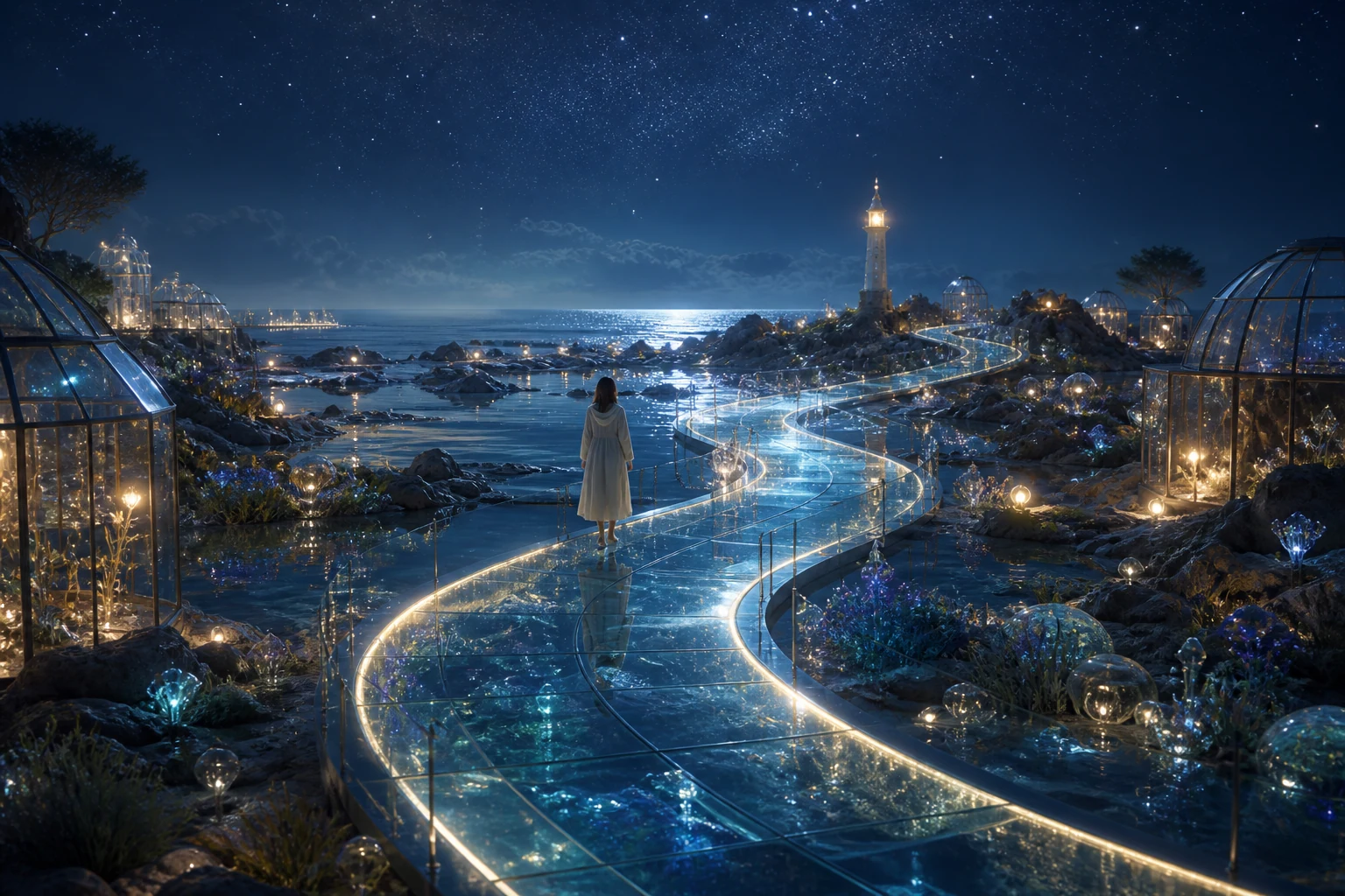Glass walkways in the night tide garden, with recovery routes reconnected by starlight lines