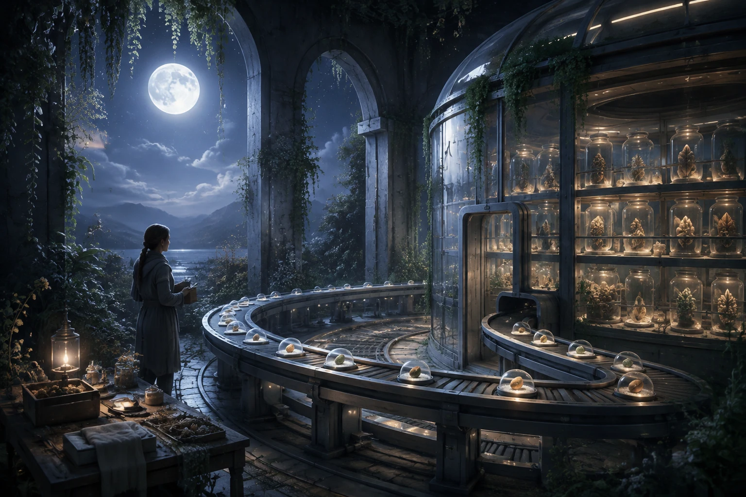 A translucent vault and seed capsules beneath moonlight, with automation lines circulating in slow orbits