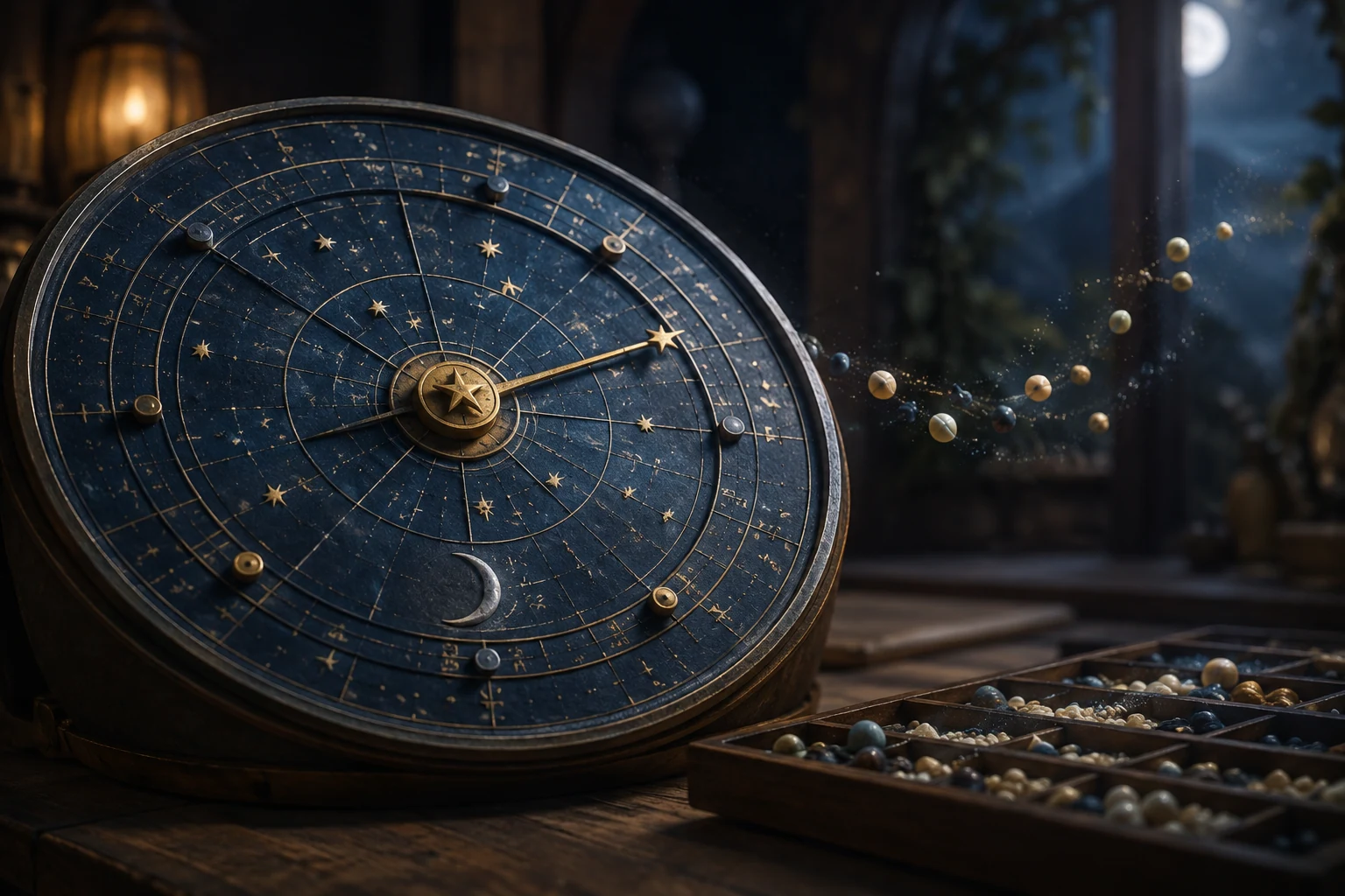A circular scheduling dial marked with starlight ticks and slowly moving particles of data seeds