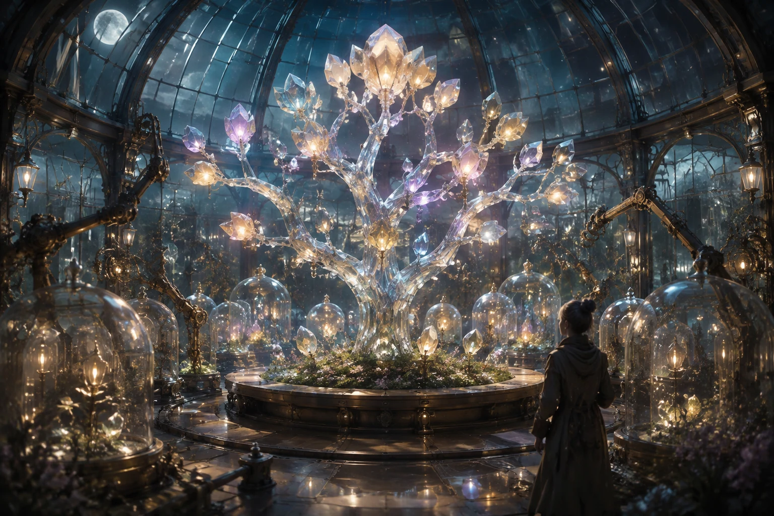 A decision-tree crystal garden inside a mechanical greenhouse, with recovery paths glowing on every branch