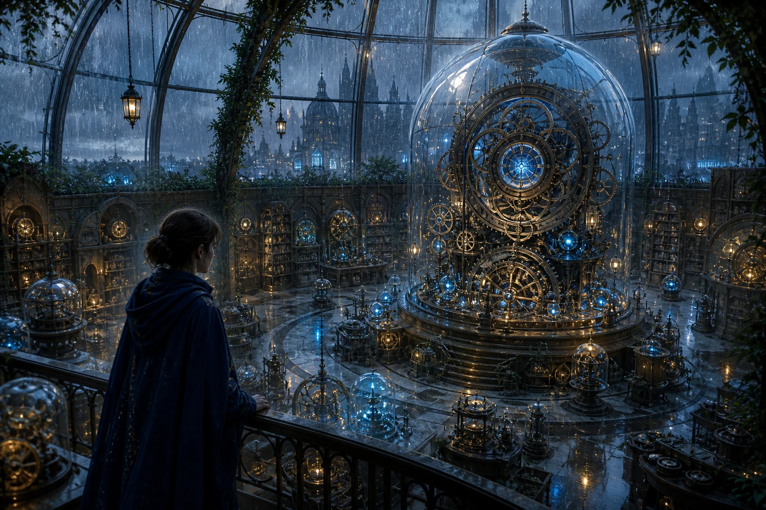 A fantasy archive beneath a rain-covered glass dome, with a mechanical clock core and blue data gears turning
