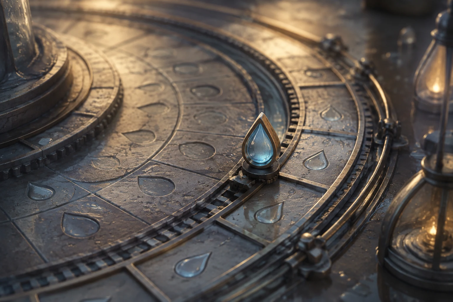 A dreamlike diagram of small work tokens moving one space at a time along a gear track etched with raindrop patterns