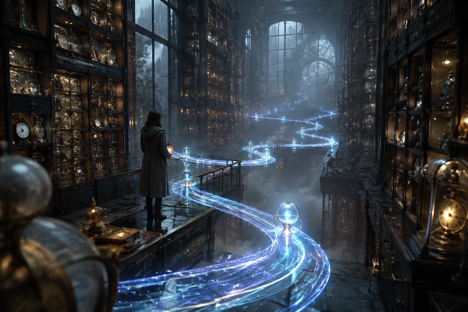 Glowing timeline ribbons and recovery checkpoints connecting misty archive shelves