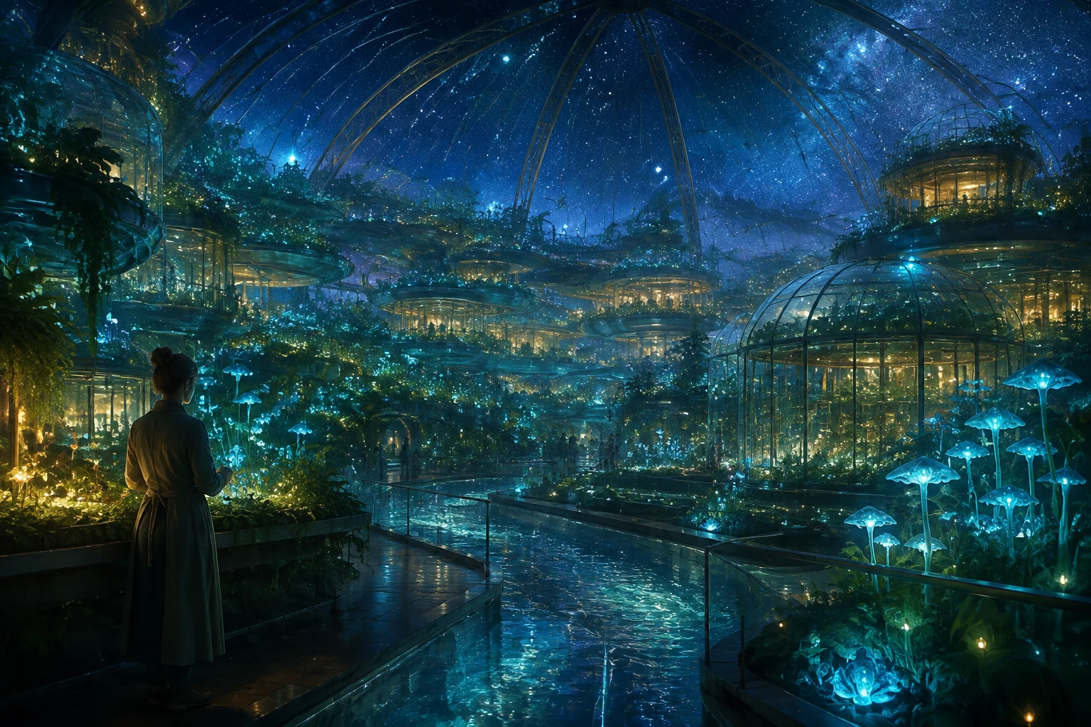 An abstract landscape of layered luminous greenhouses and waterways beneath a starlight dome