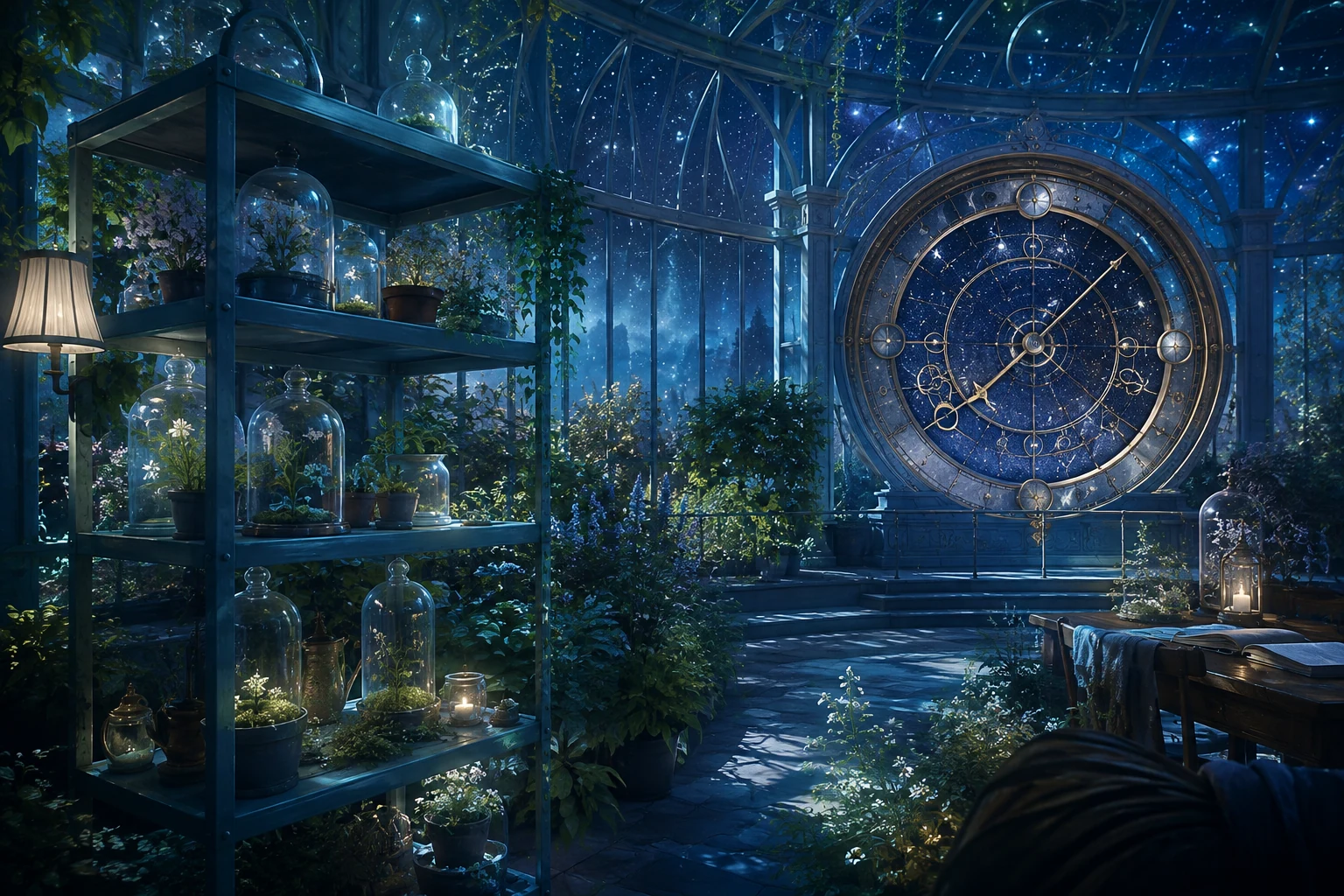A blue garden area with quiet recovery shelves and a star clock