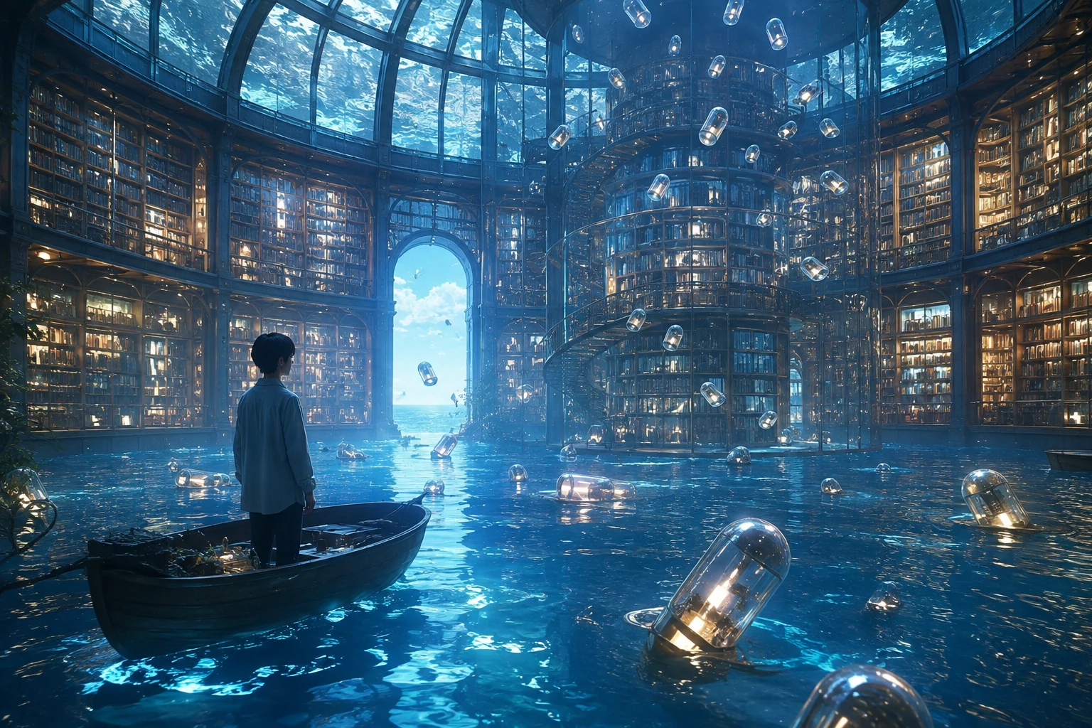 The interior of a glass library submerged at high tide, with question capsules and luminous shelves rising over blue water