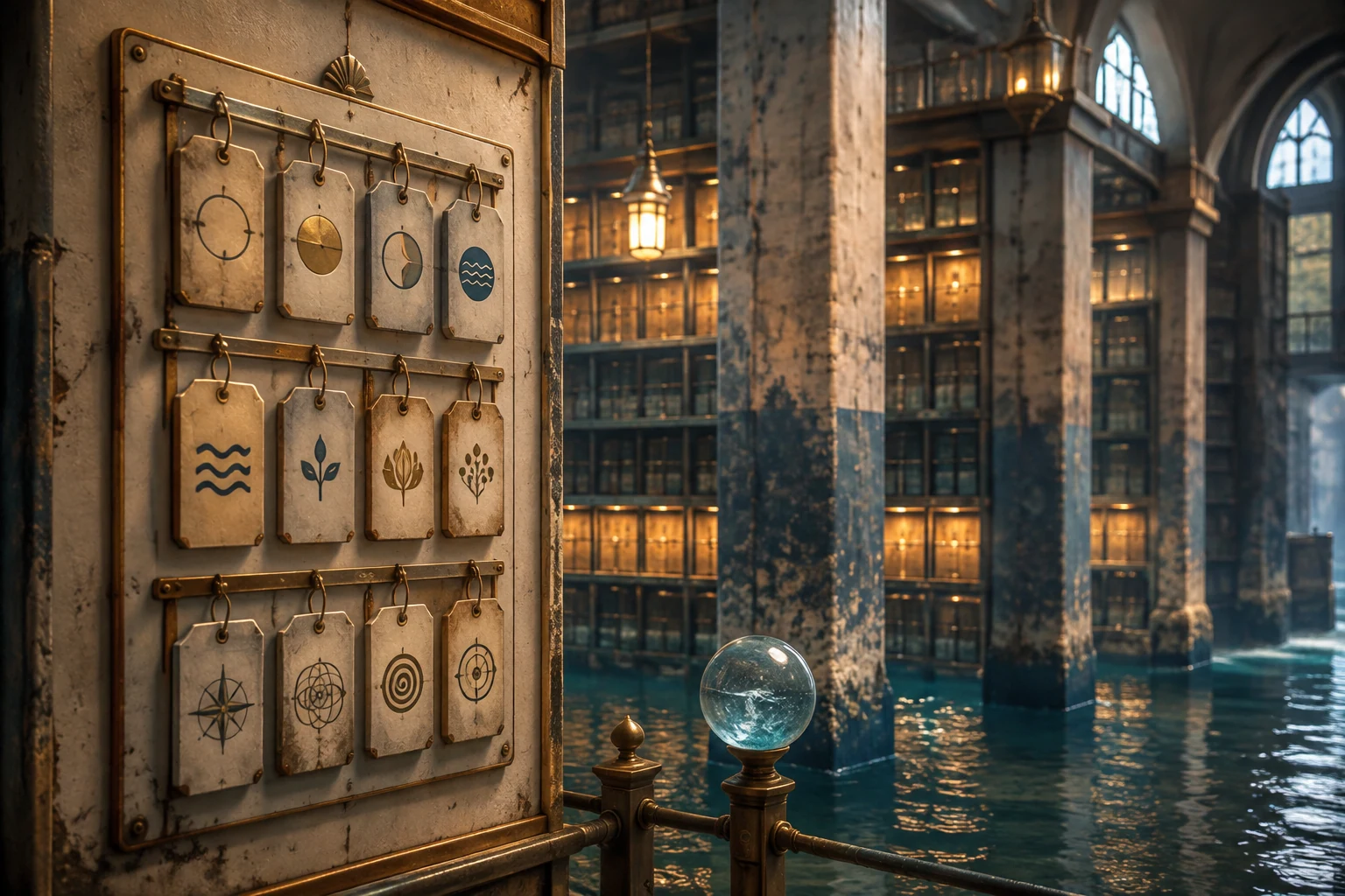 Glowing shelves that change height with the tide beside a board of classified question markers