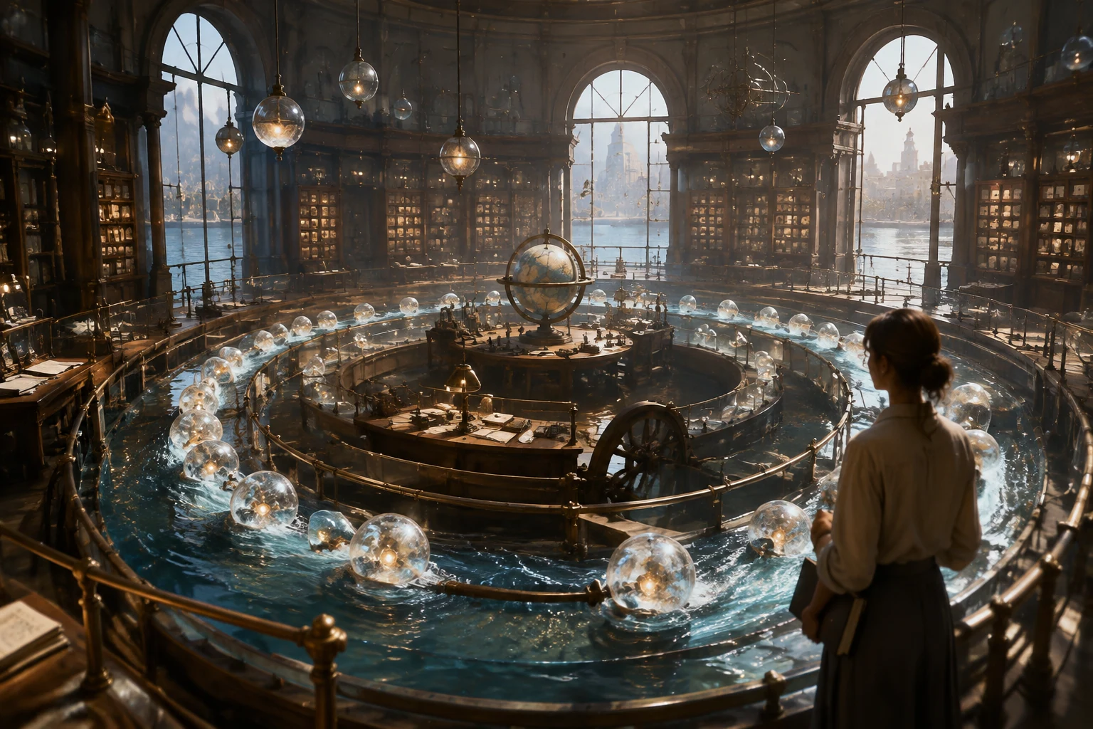Question marbles circulating along a circular waterway in an archive hall with floating time tags