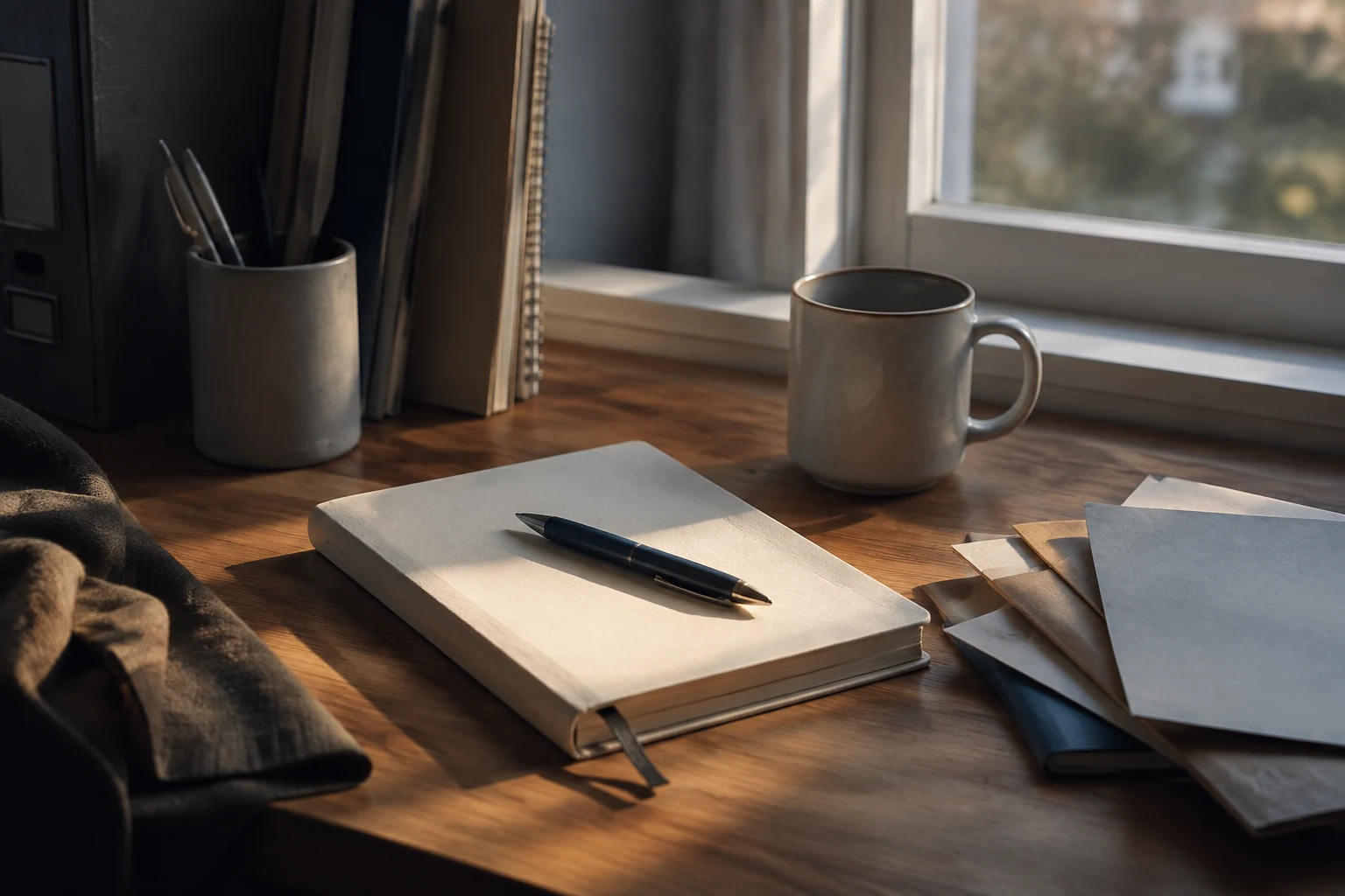 A tidy desk with a notebook and cup beside a window holding the last evening light