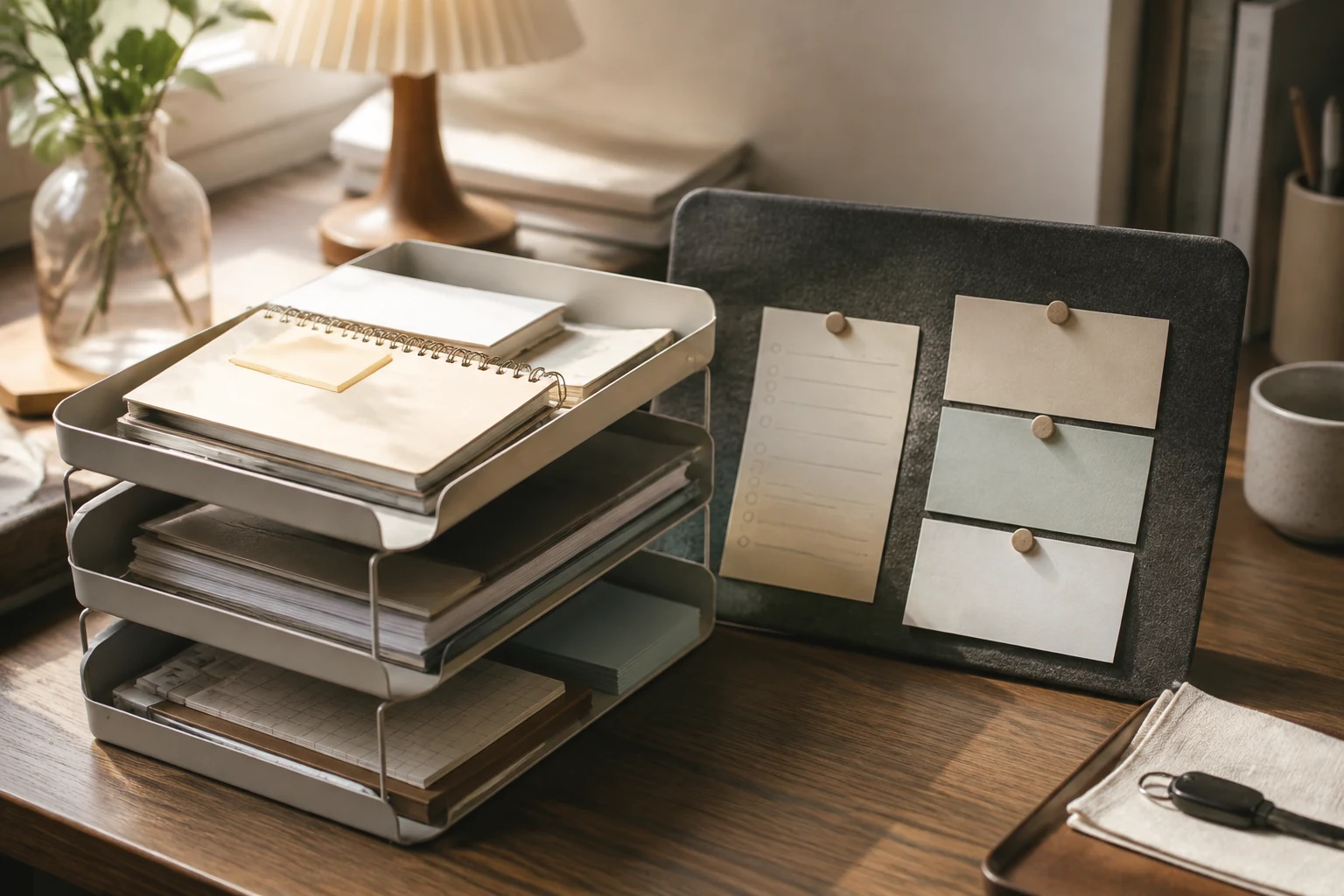 An organizing board layered with trays, checklists, and schedule cards