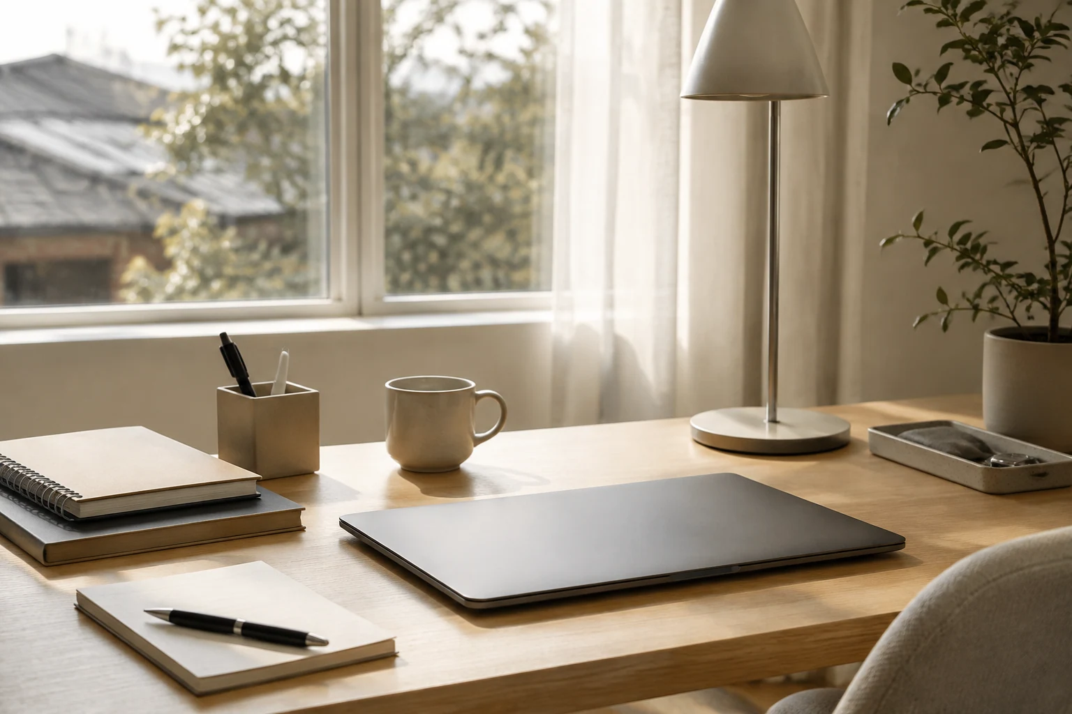 A bright desk awaiting the morning, with a closed laptop and neatly arranged tools