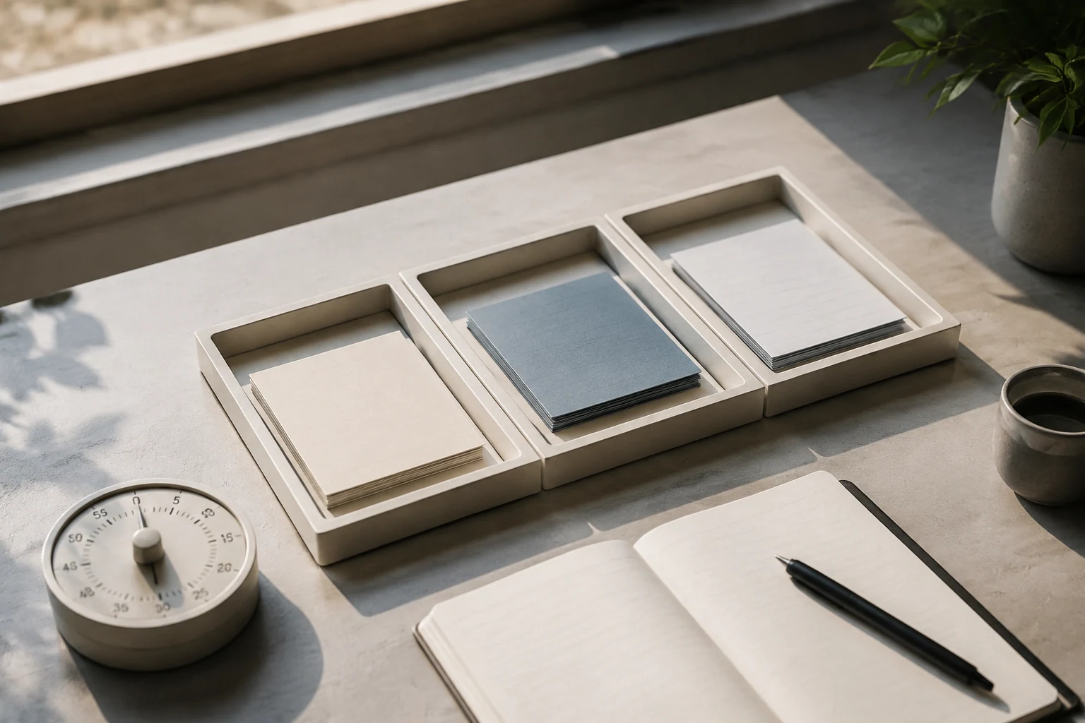 Abstract execution board divided into a circular timer and three card areas