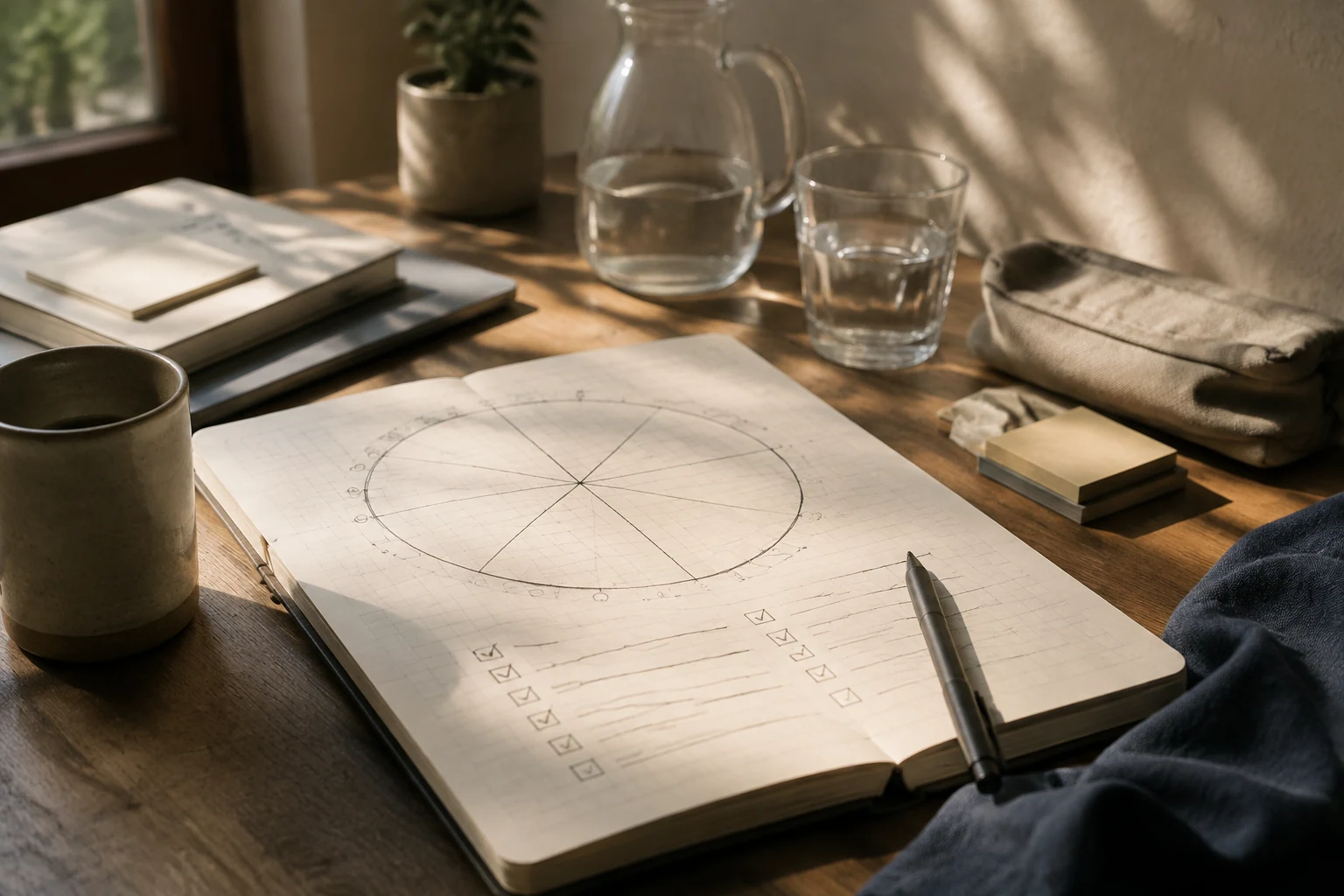 An abstract operational canvas with circular time blocks and checkpoints