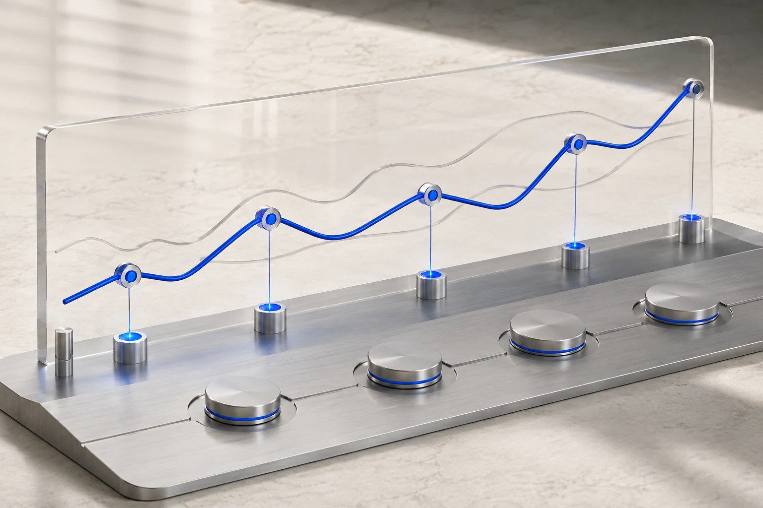 Cashflow management panel with line charts and checkpoint nodes, without human figures