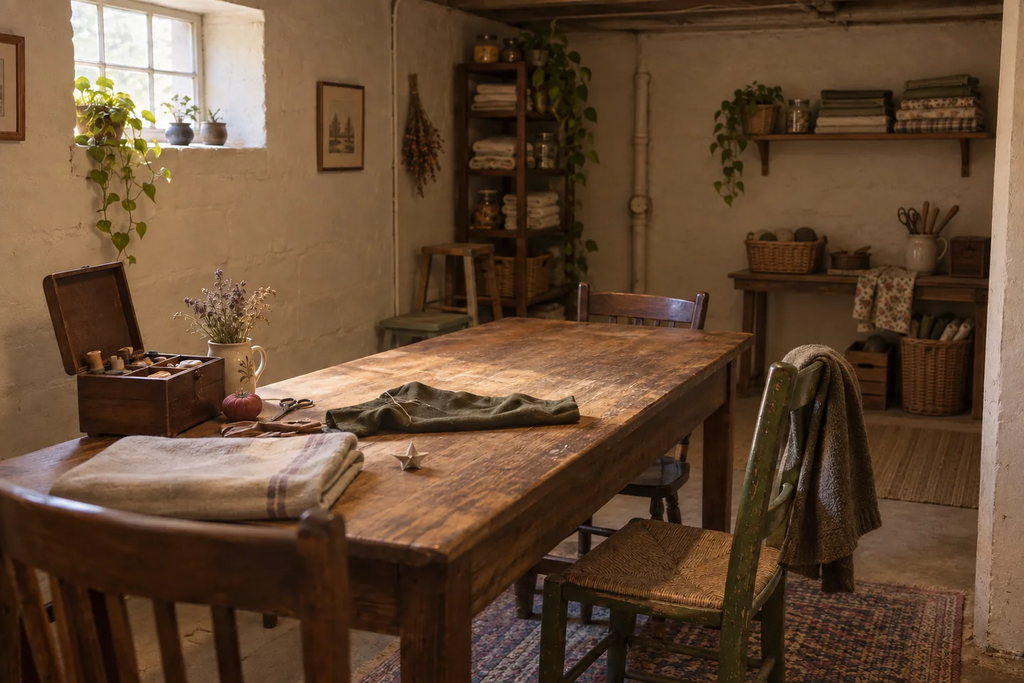 Generated fictional scene of the lit basement worktable