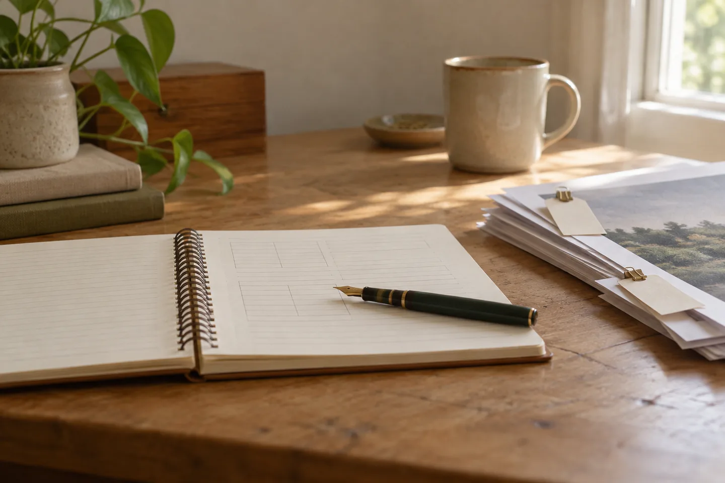An open notebook and pen beside a few printed proofs with small tags on a window-side desk