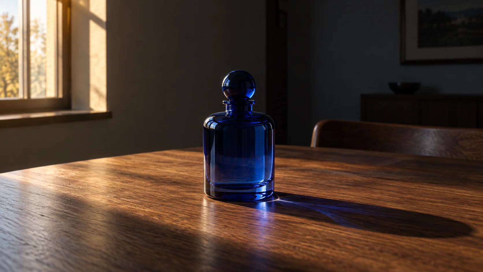 Generated still for a blue perfume bottle lighting example