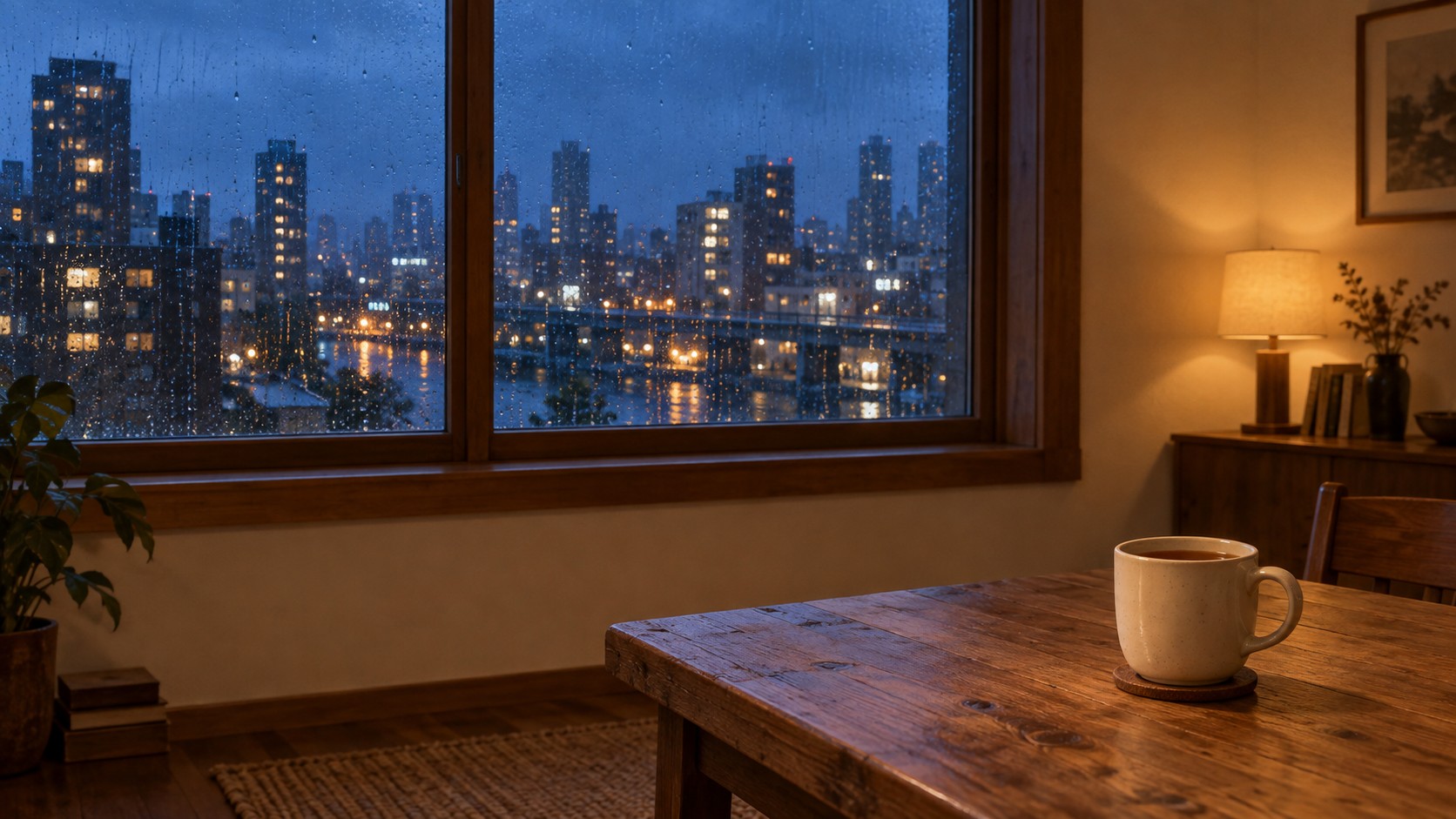 The original practice image: a rainy city window and a cup, with clearly separated areas for added motion.