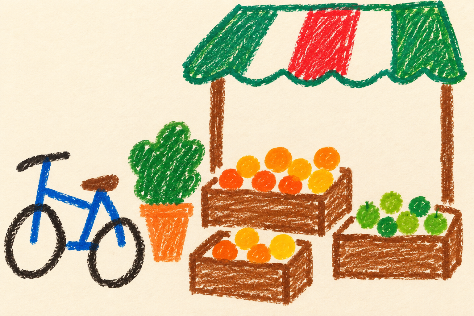 Result of the second prompt: only the awning, three crates, bicycle and plant are drawn with thick crayon lines, with bare paper elsewhere.