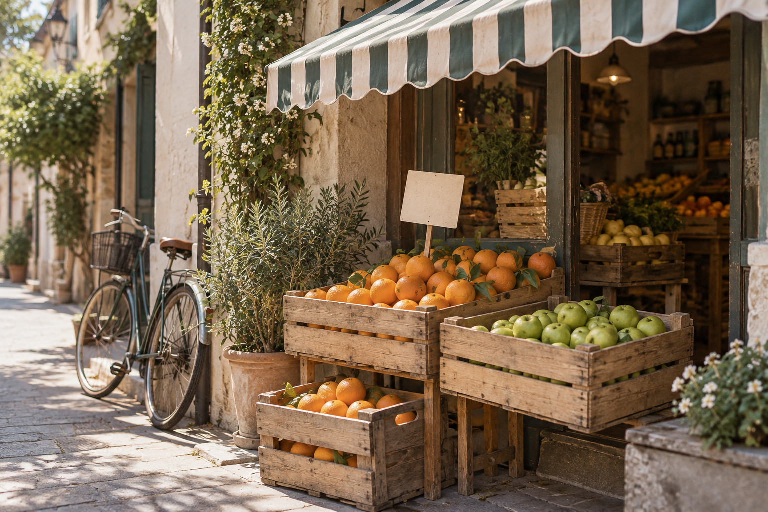 The first source scene: a lane-side fruit stall with a striped awning, orange and apple crates, and a bicycle.