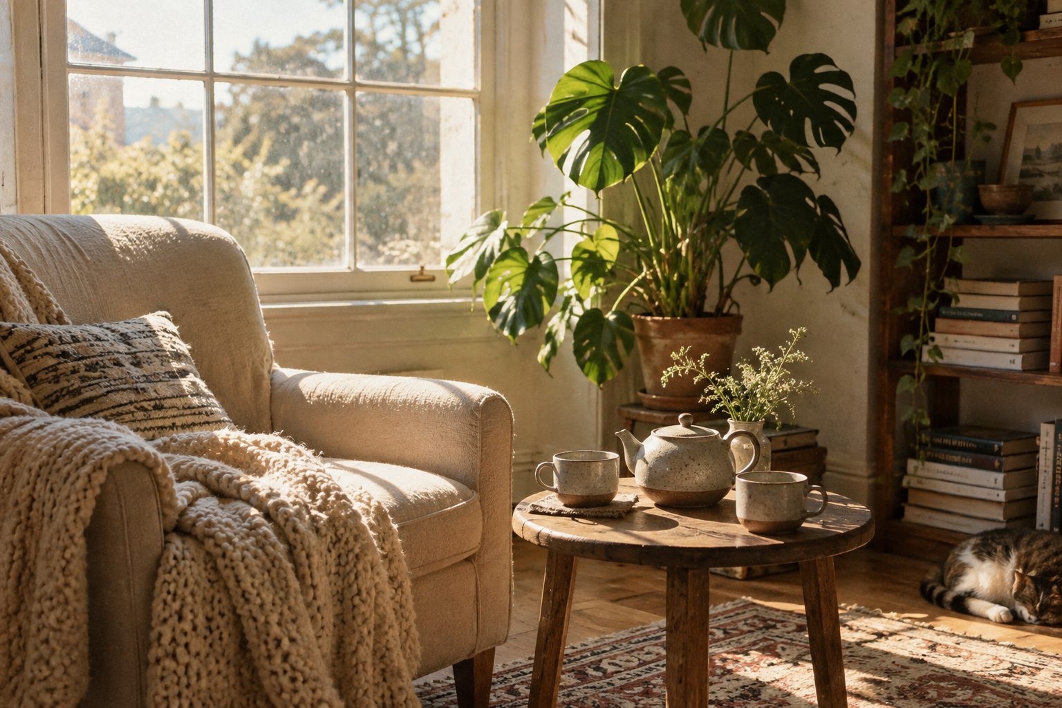 The second source scene: a reading nook with an armchair and blanket, a round table with a teapot, a tall plant and a bookshelf.