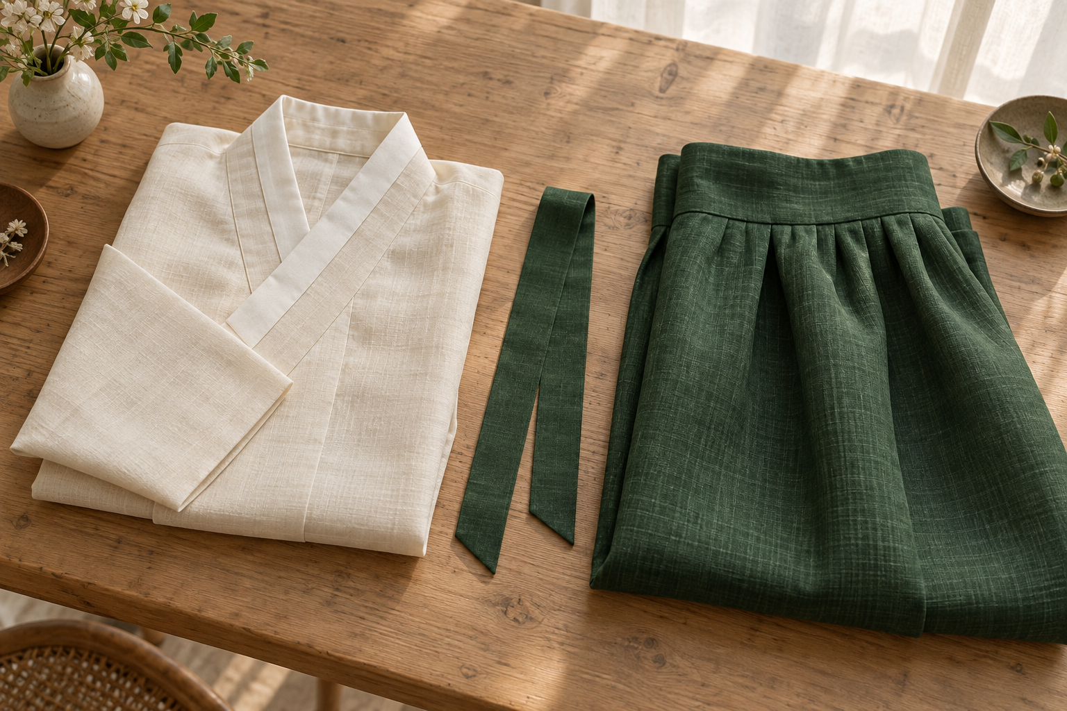Generated planning example with a cream jacket, green skirt and separate ribbon ties