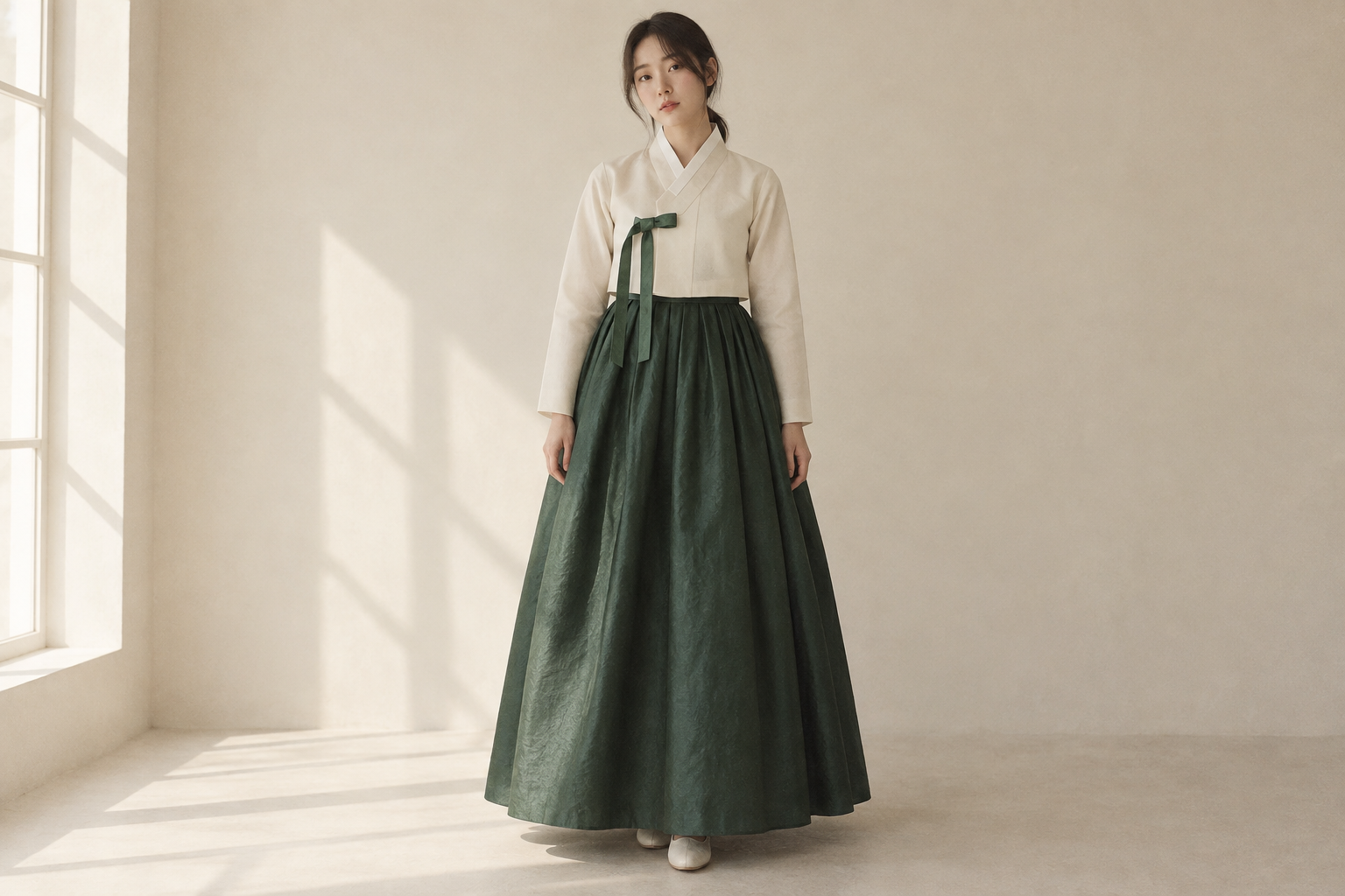 Generated full-body concept with a cream jacket and forest-green skirt in a simple interior