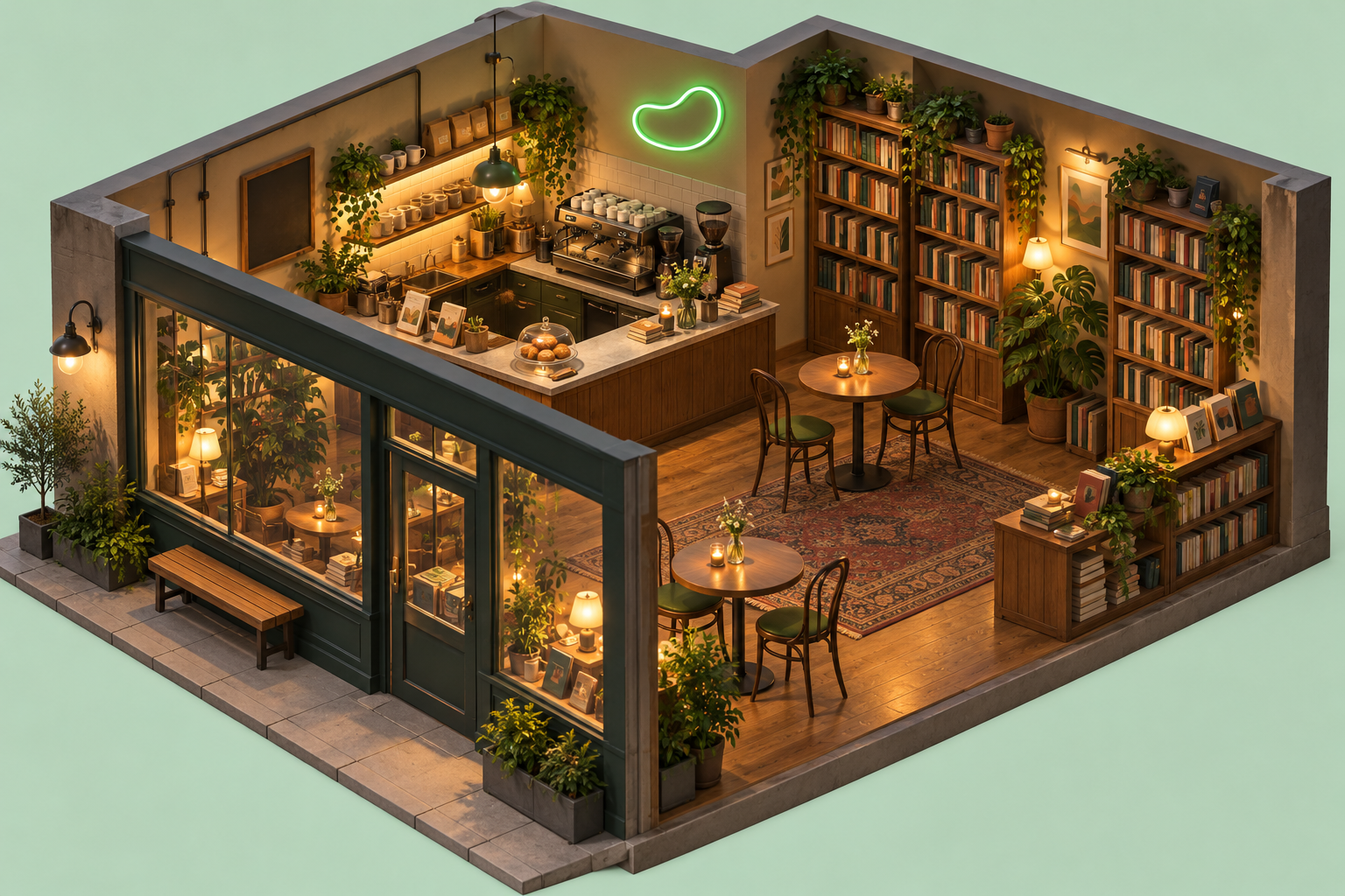 A generated isometric bookstore cafe set, shown as an application example