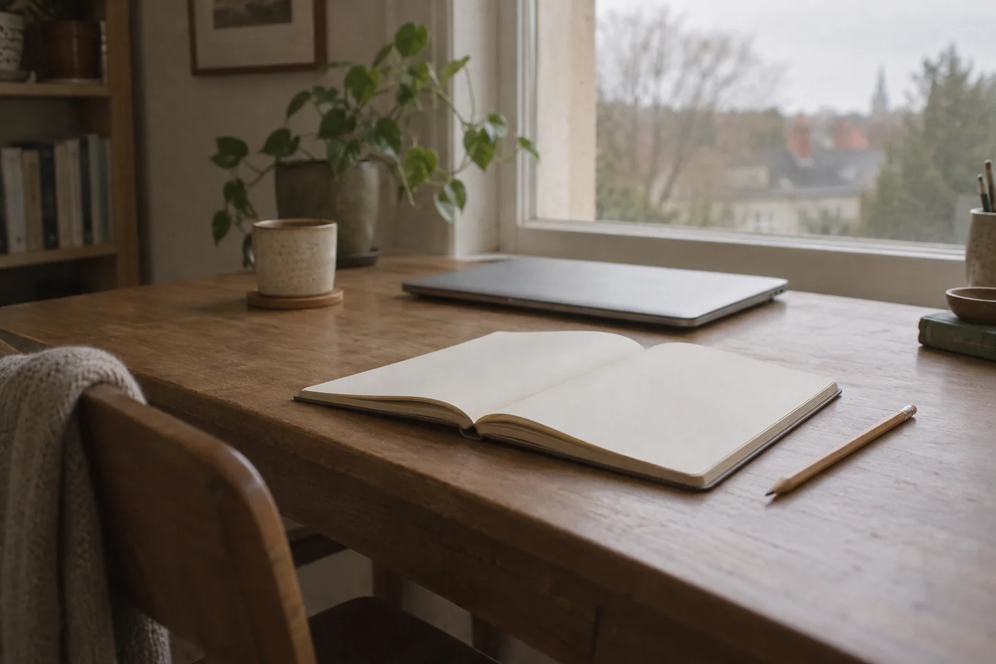 A closed laptop, an empty notebook and a pencil on a wooden desk beside a window